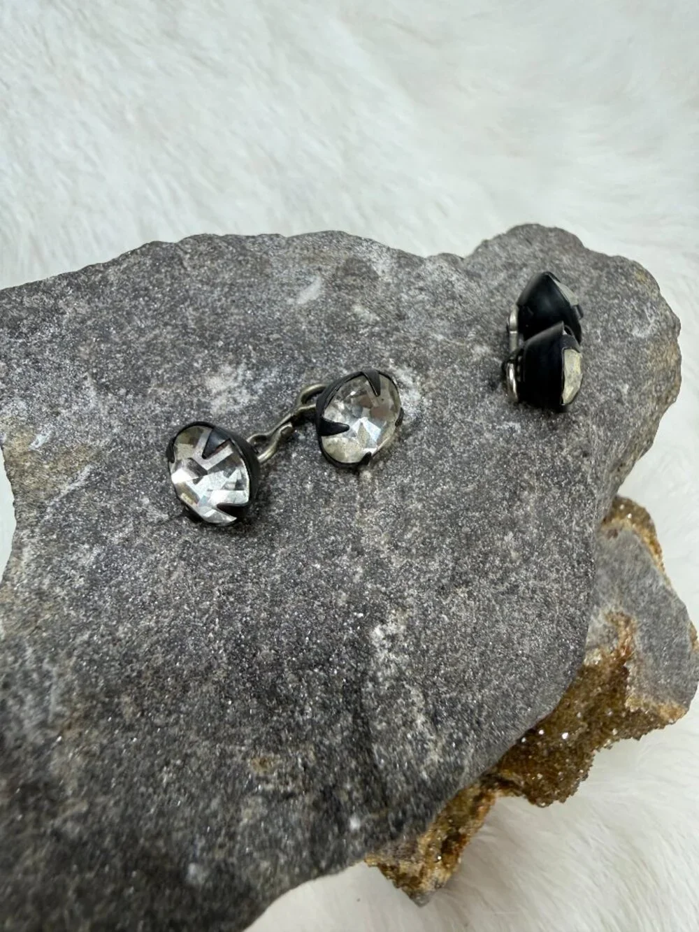 Vintage Black & Silver Tone Rhinestone Cuff Links .5
